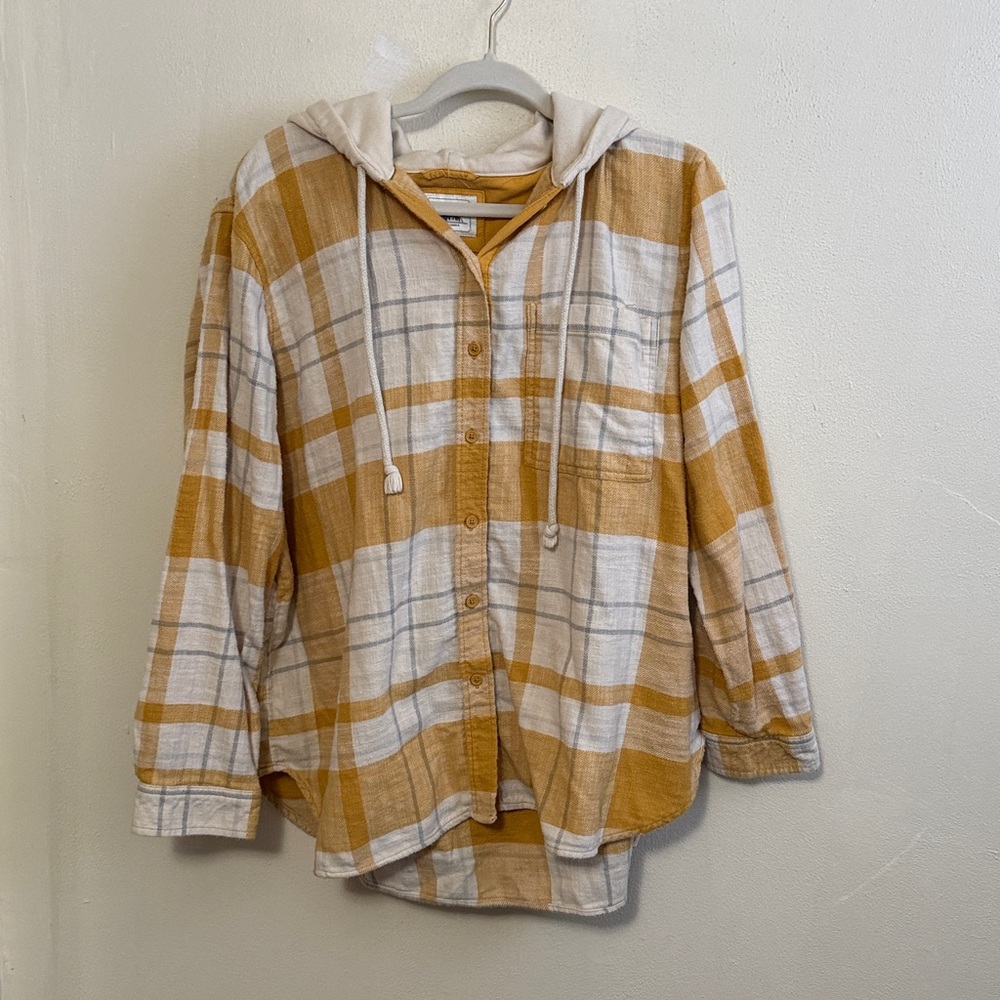 Men's Plaid Hooded Shirt - Mustard and White